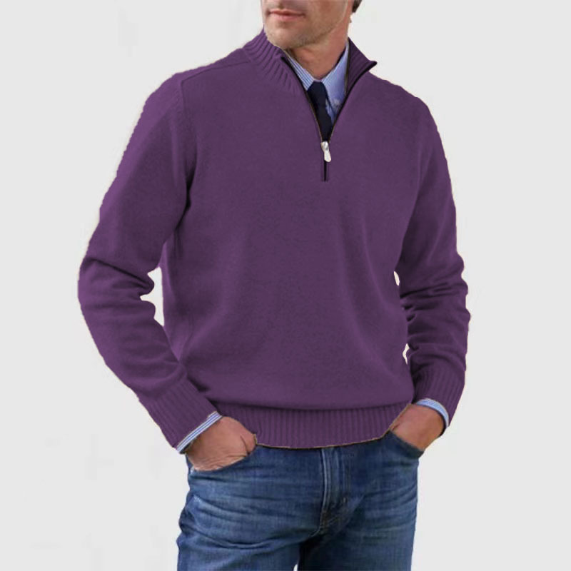 Pullover mit halbem Reißverschluss | Gestrickt | Lockere Passform | Pullover mit Viertelreißverschluss | Herrenpullover-Dunkelviolett-M-Chaps Herrenmode