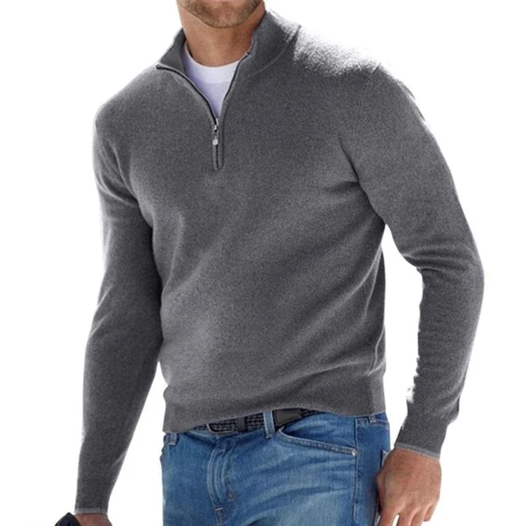 Pullover mit halbem Reißverschluss – Langarm – Pullover – Strickpullover – Herren-Sweatshirt mit kurzem Reißverschluss-Grau-S-Chaps Herrenmode