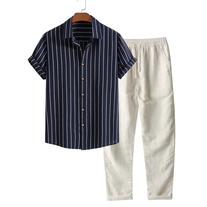 Herren SommerSet Leinenhose Streifenhemd Elegante