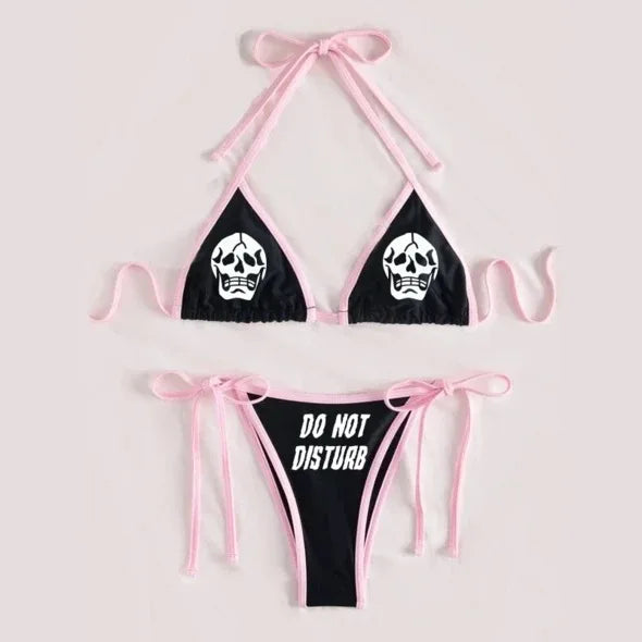 Gothic Badeanzug Frauen Totenkopf Druck Bikini Set Schwarz