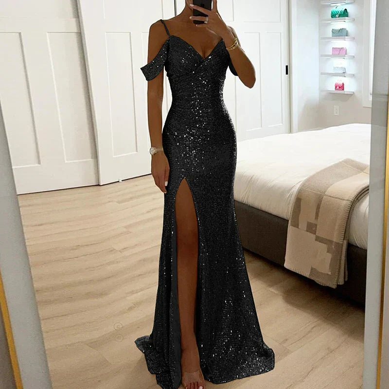 Schulterfreies Pailletten Abendkleid Elegant Damen