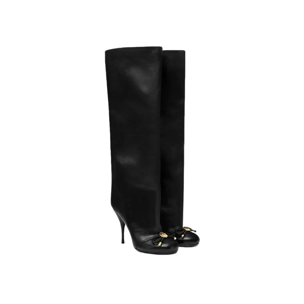 Damen Stiefel Leder Hochhackig Elegant Gold