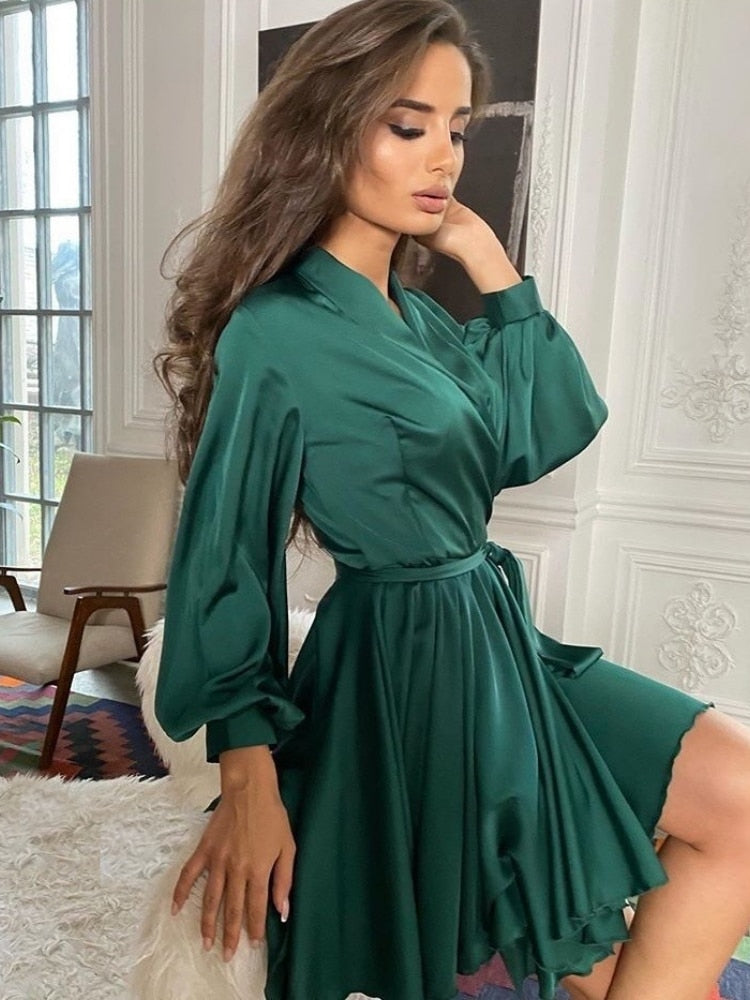 Frauen Satinkleid Langärmelig Rüschen Elegant