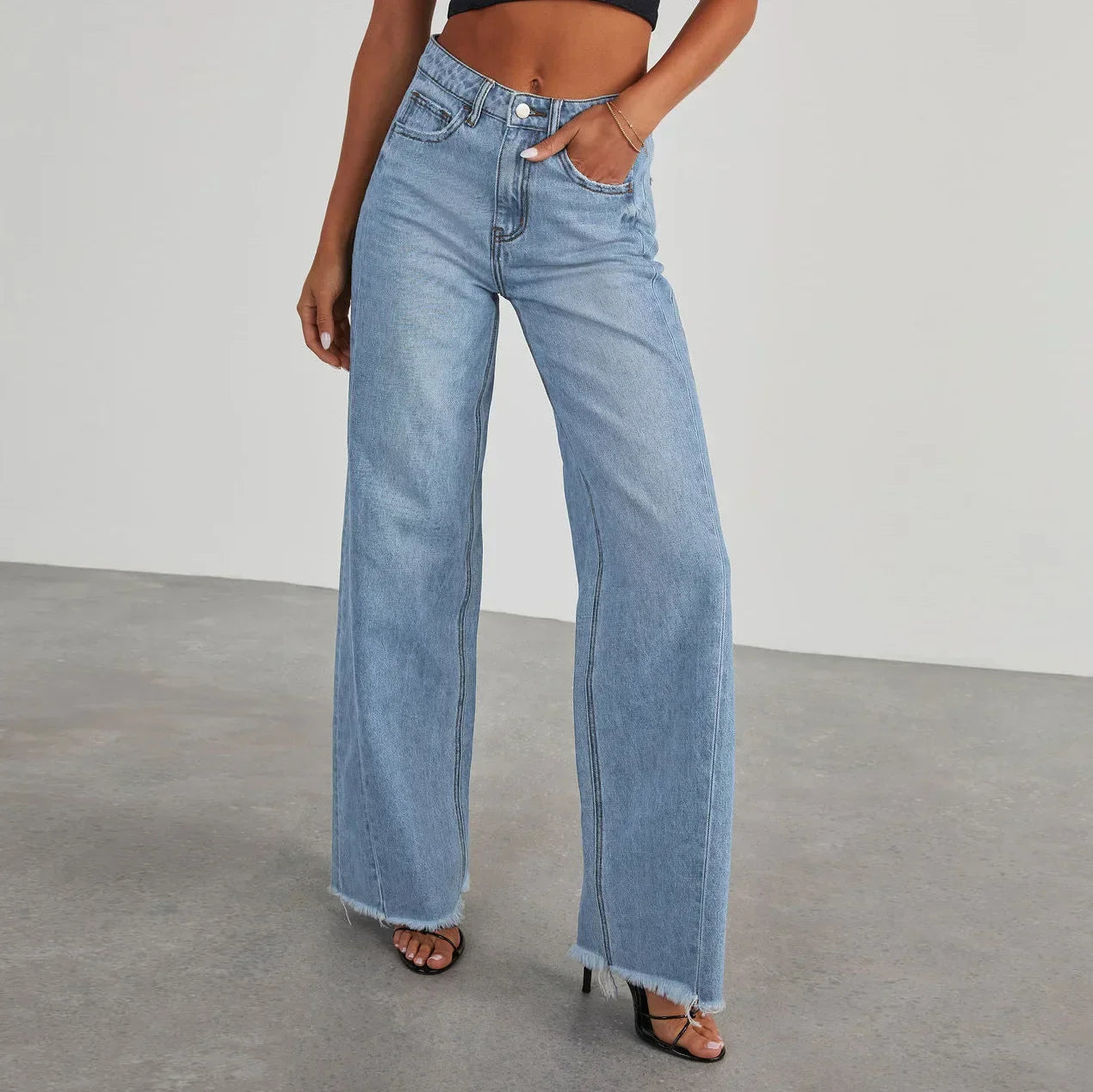 Damen Jeans Weitbein Grau Raw Hem Damenschuhe