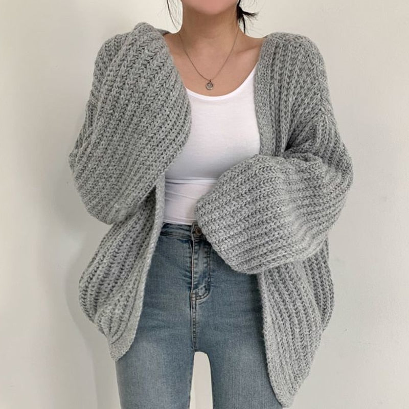Damen Strickjacke Offen Vorne Grob Gestrickt