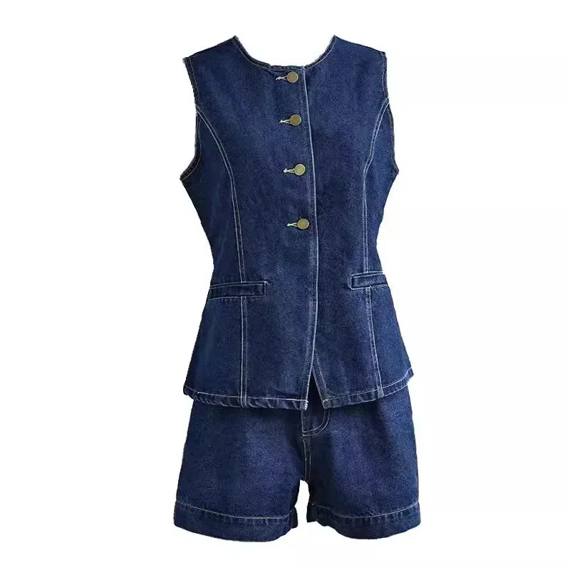 Denim Zweiteiler Set mit Weste und Shorts Sommer