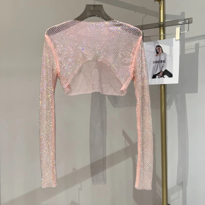 Glitzerndes Langarm Netztop Diamantoptik Elegant