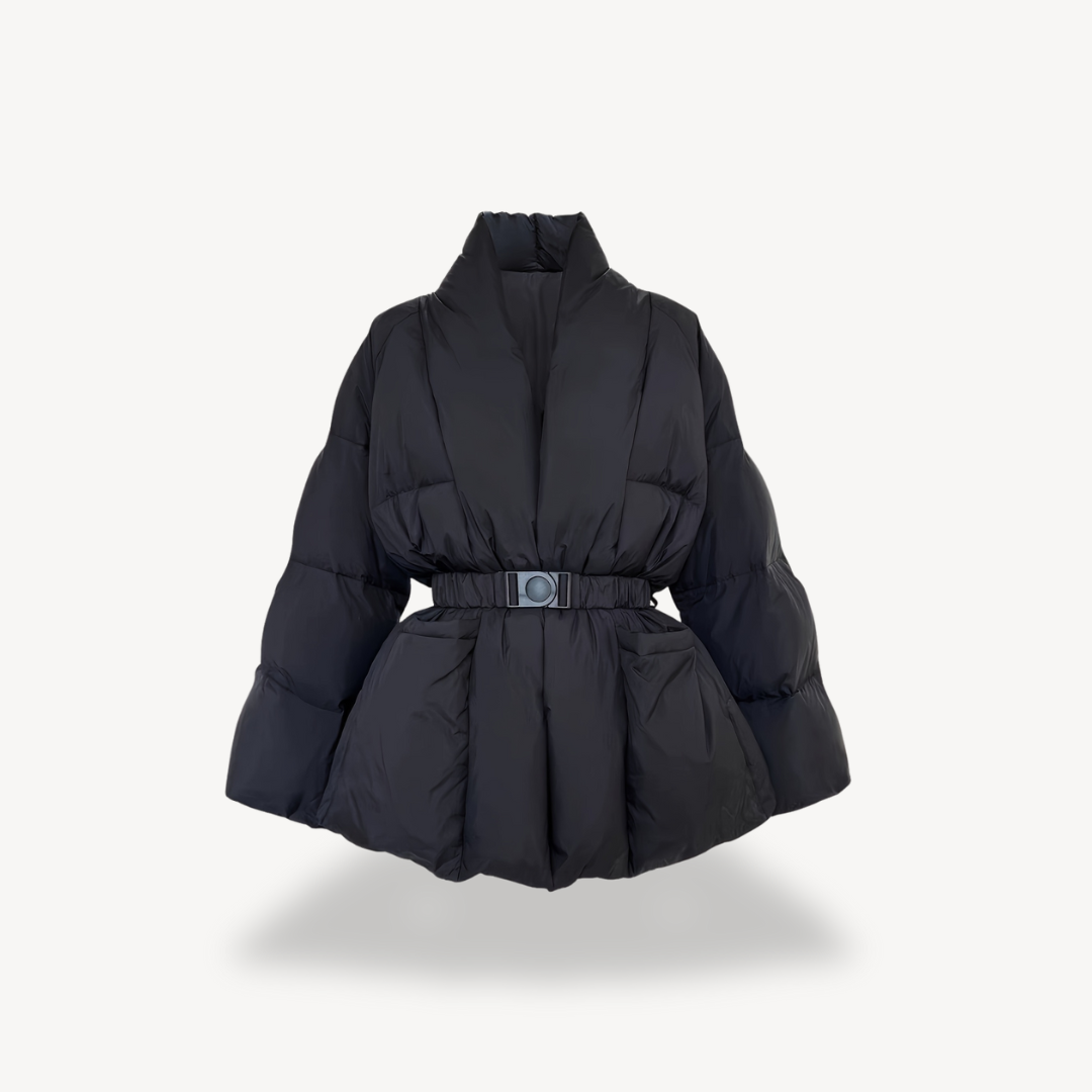 Schwarze Pufferjacke mit Gürtel für Damen – Polyester | Loravelle 1