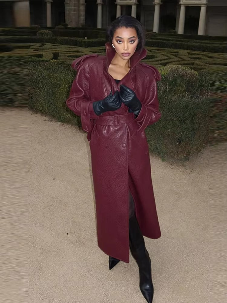 Leder-Trenchcoat Damen Lang Mantel Winter Schwarz