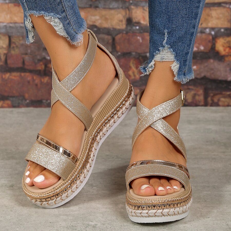 Damen Keilsandalen Hochzeit Glitzer Plateau Sommer - BerlinGlamour