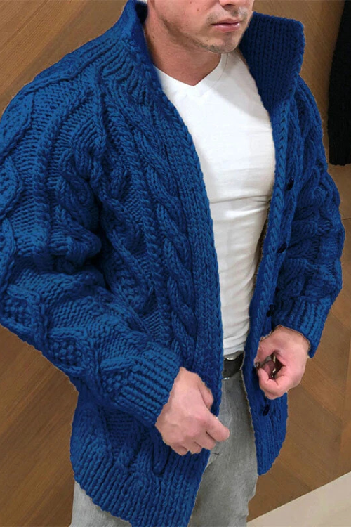 Strickjacke | Knopfleiste | Zopfmuster | Grobstrickjacke | Herrenstrickjacke-Dunkelblau-S-Chaps Herrenmode