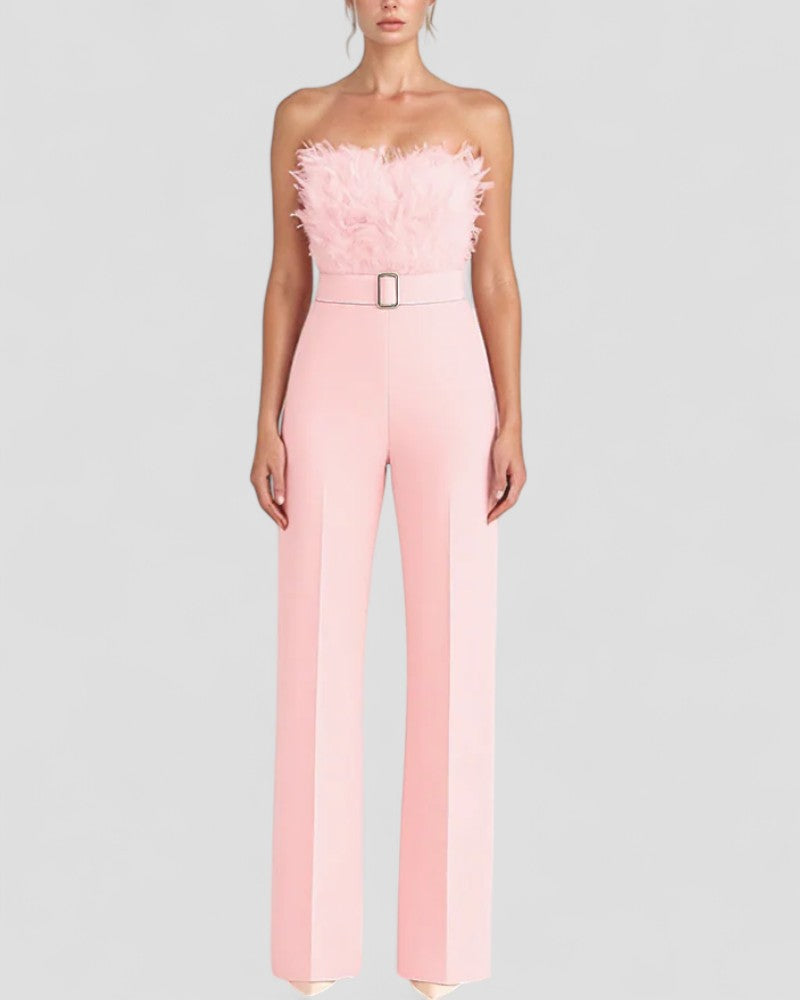 Trägerloser Abend-Jumpsuit mit Federdetail 6