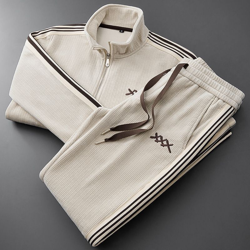 Trainingsanzug | Mit Reißverschluss | Gestreift | Jogginganzug | Zweiteiliges Set für Männer-Creme-M-Chaps Herrenmode