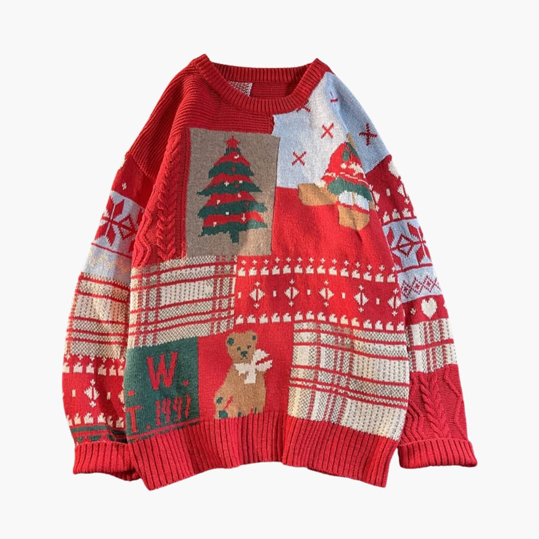 Unisex Weihnachtspullover mit Tannenbaum und Teddymotiv 1