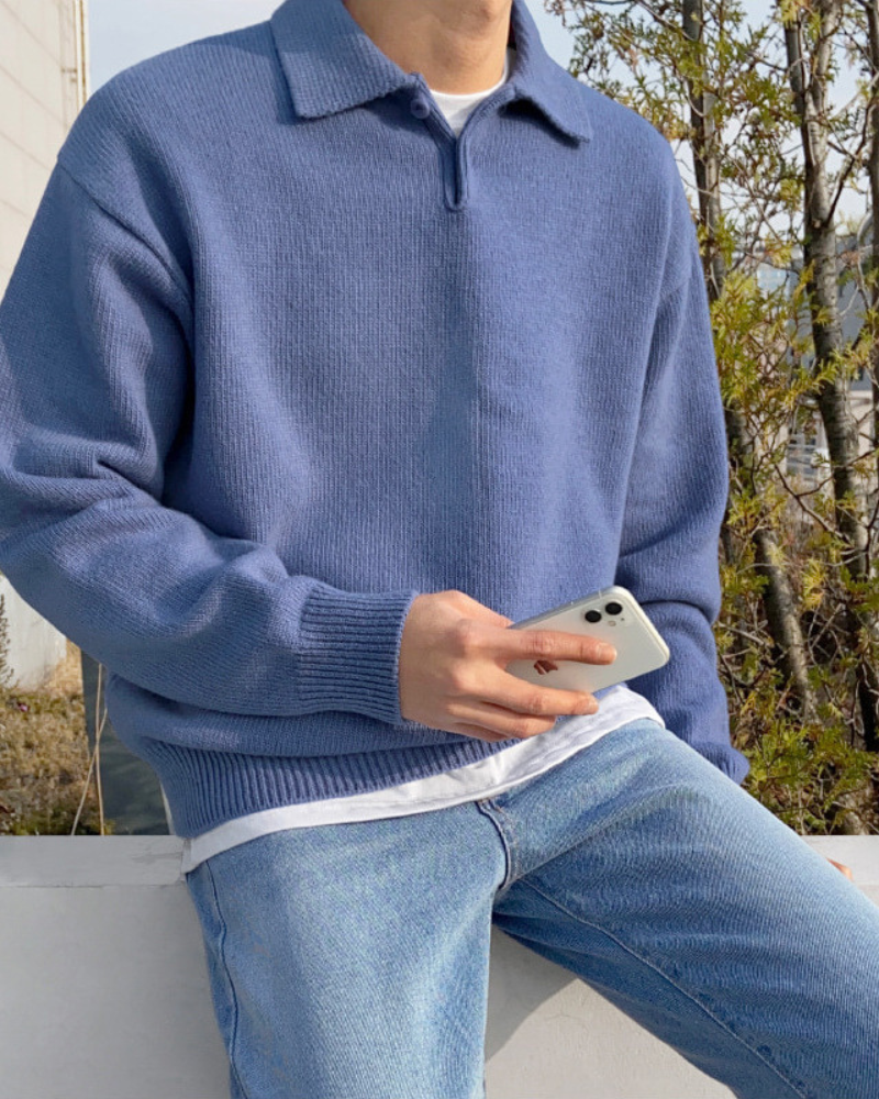 Herren Strickpullover Warm aus Wolle mit Polokragen