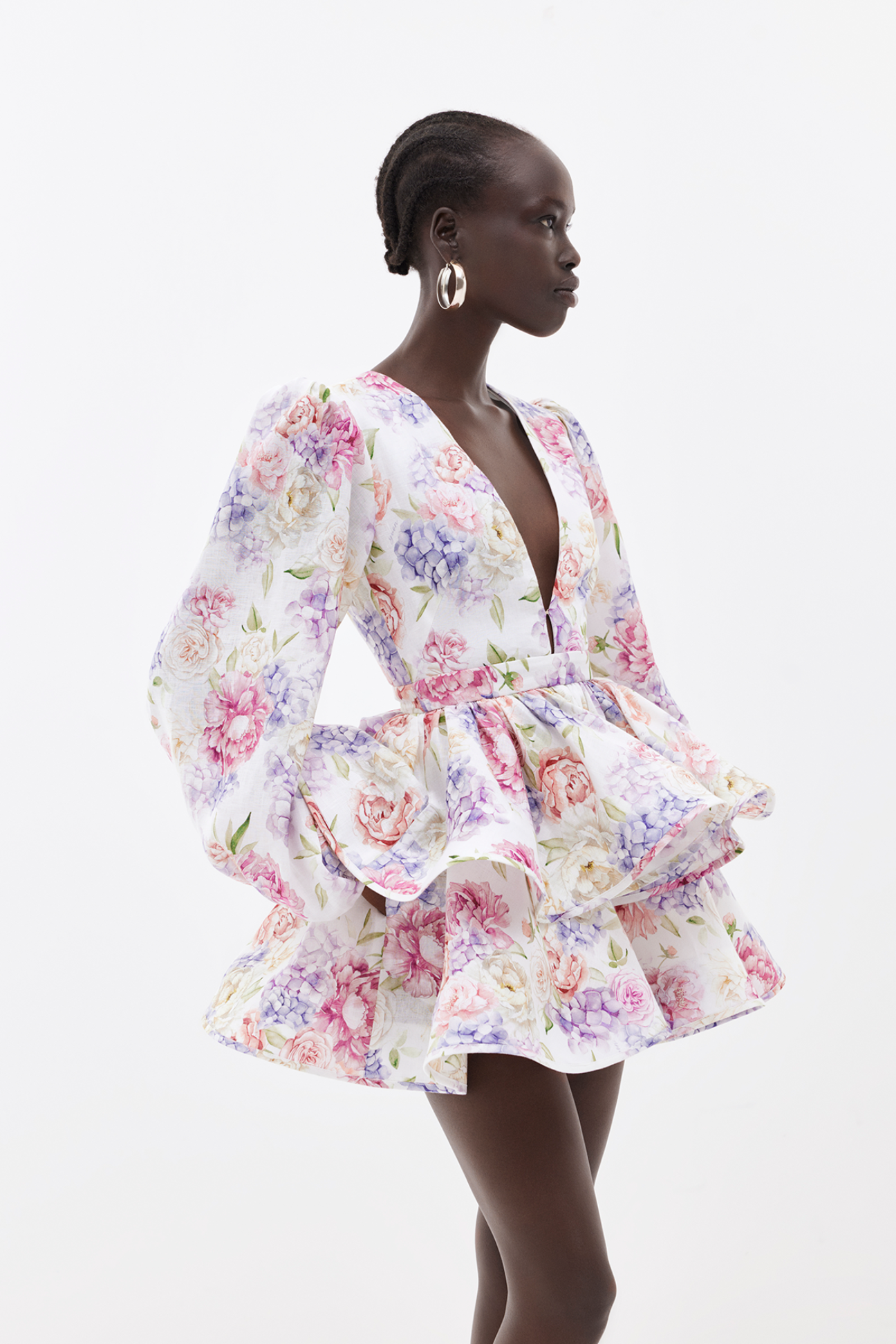 Sommerkleid Damen Blumenmuster Puffärmel V-Ausschnitt