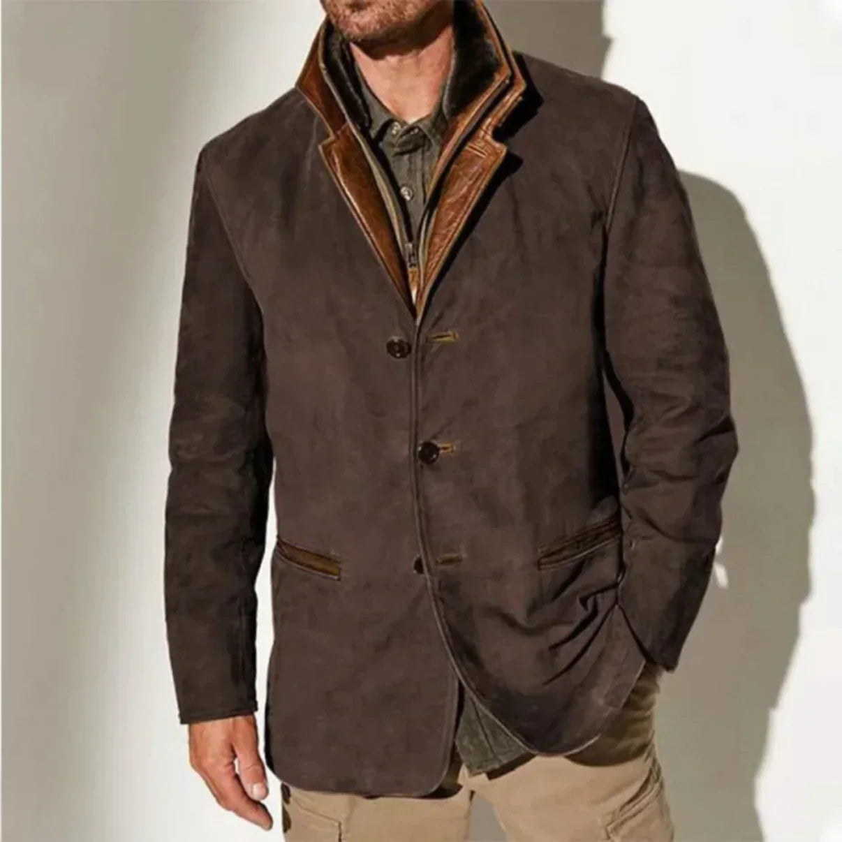 Vintage-Jacke | Mit Knöpfen | Mit Reißverschluss | Wildlederjacke | Herrenjacke-Dunkelbraun-S-Chaps Herrenmode