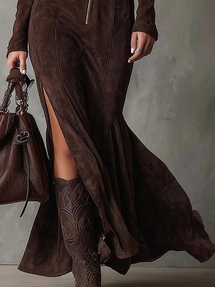 Maxikleid Damen Elegant Lang Gürtel Hochschlitz
