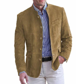 Wildleder Blazer - Einreihige Herren Blazerjacke mit Mandarinenkragen-Khaki-S-Chaps Herrenmode