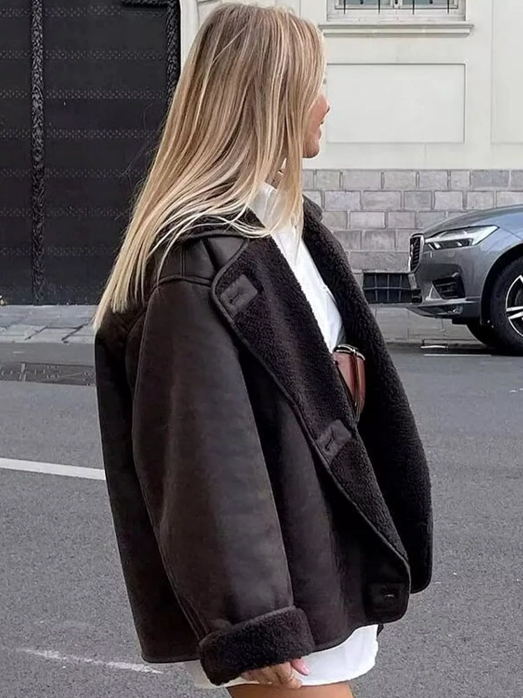Lederjacke Damen Winter Warm Geschnitten Locker