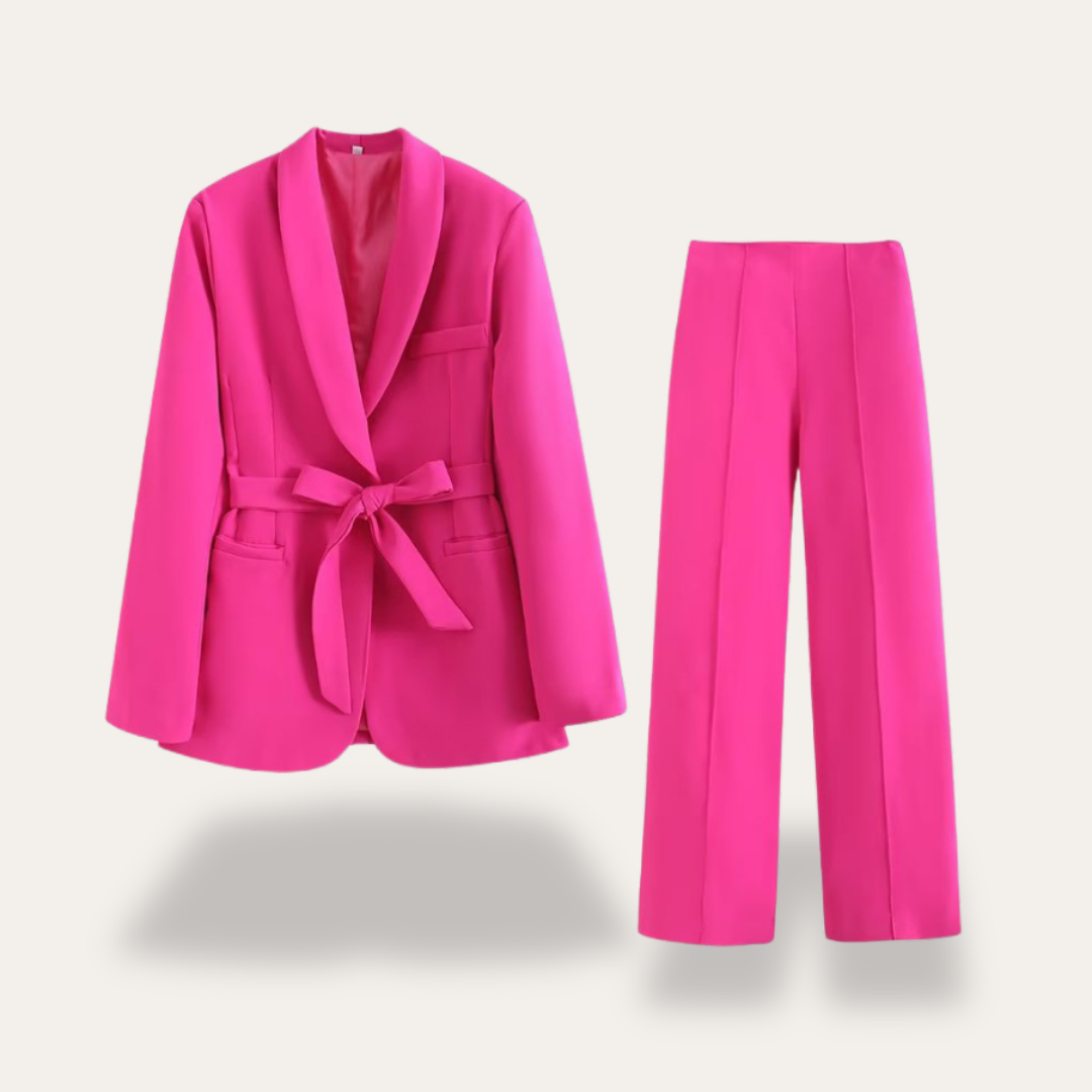 Damen Blazer Set mit Gürtel und Weitbein Hose Zweiteiler