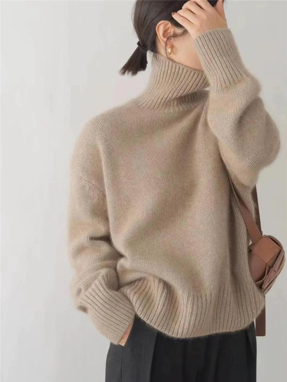 Damen Pullover Bequem Strick Hochkragen Warm