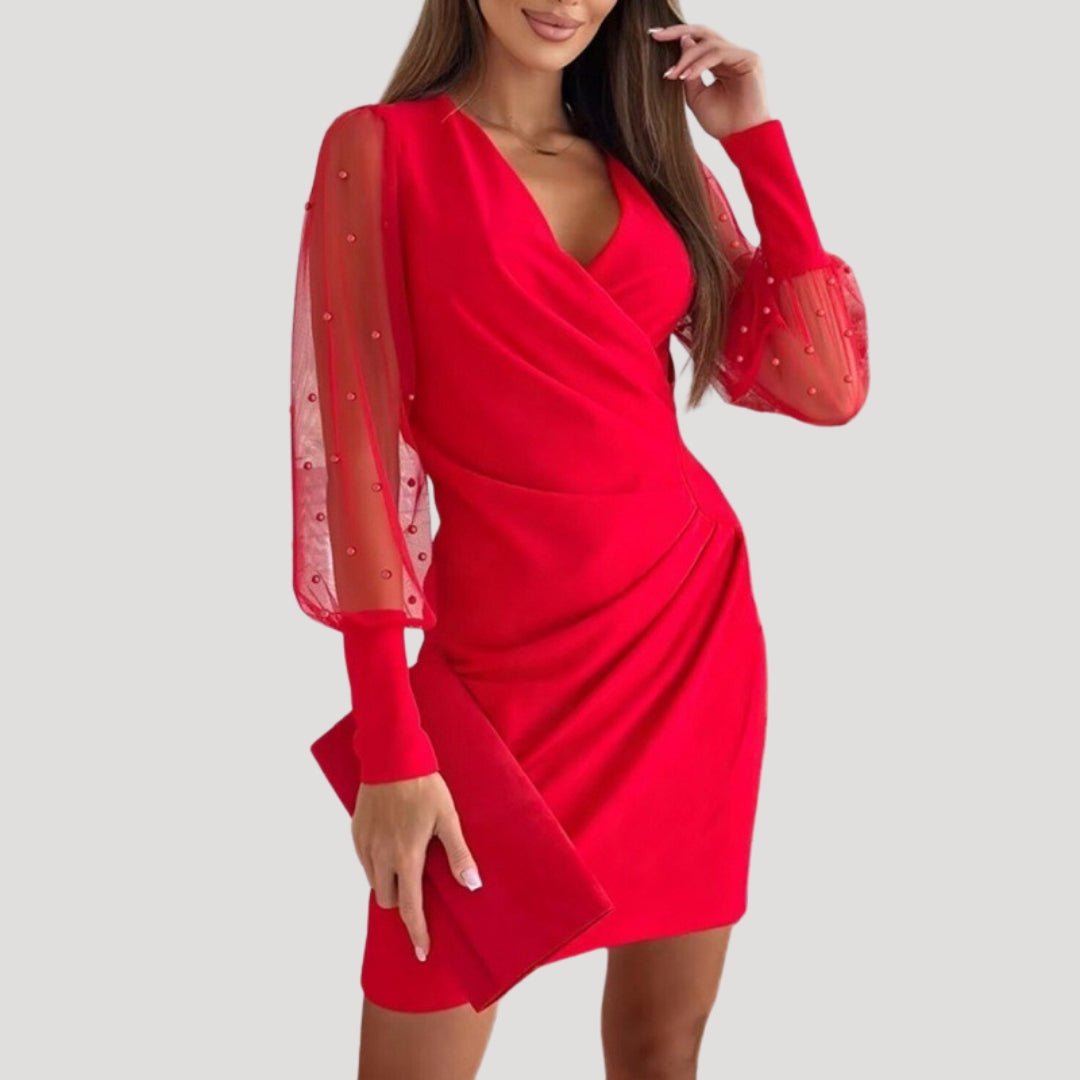 Damen Mini-Kleid mit Durchsichtigen Ärmeln und tiefem V-Ausschnitt