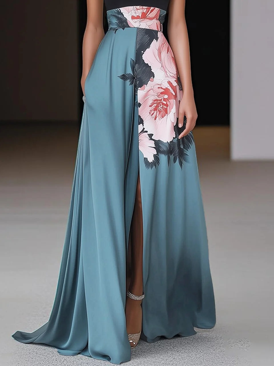 Damen Maxikleid Blumenmuster Ärmellos Sommerkleid