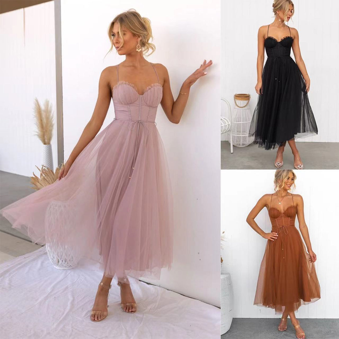 Langes Maxikleid Schulterfrei Sommerkleid Netzkleid