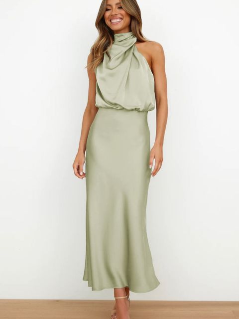 Elegantes Satin-Kleid Frauen Halterhals Abendkleid