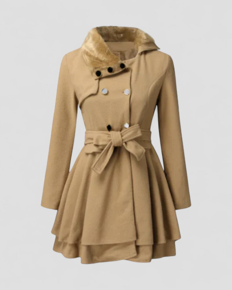 Zweireihiger Wintermantel mit Gürtel und Pelzkragen 3