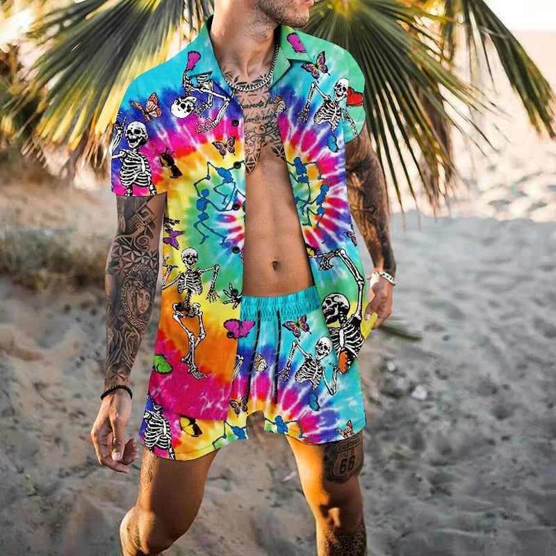 Zweiteiliges Set - Herren Kurzarm-Hawaiihemd Sommer Shorts Set-Mehrfarbig-S-Chaps Herrenmode