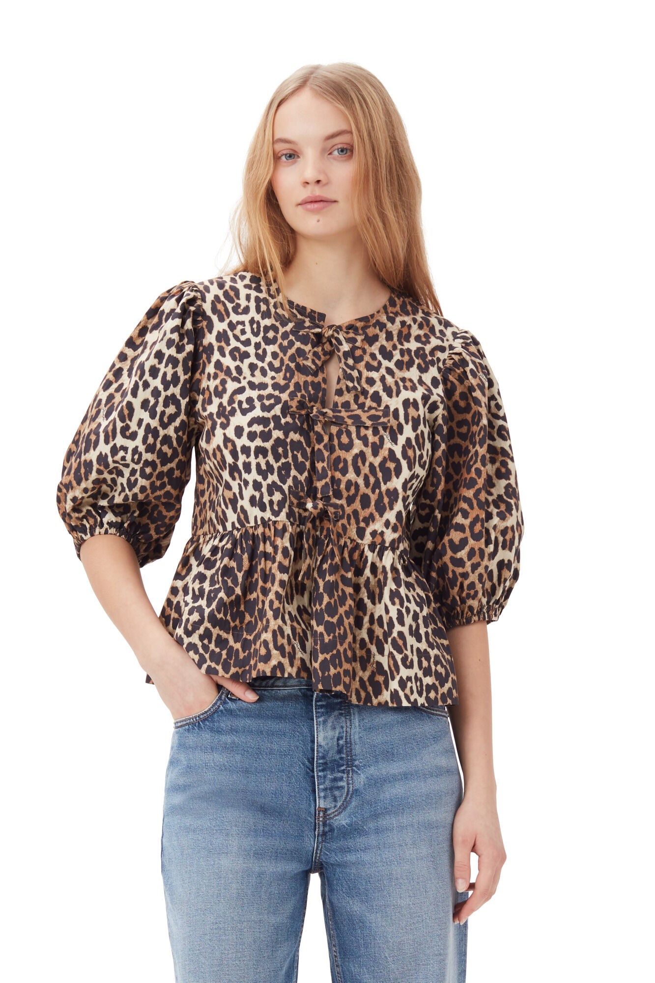 Elegante Damenbluse Puffärmel Schleife Modern