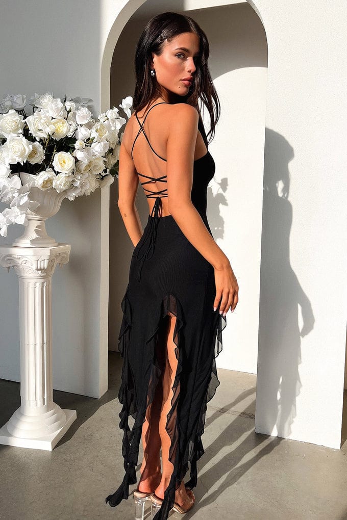 Schwarz Abendkleid mit Asymmetrie und Rüschen