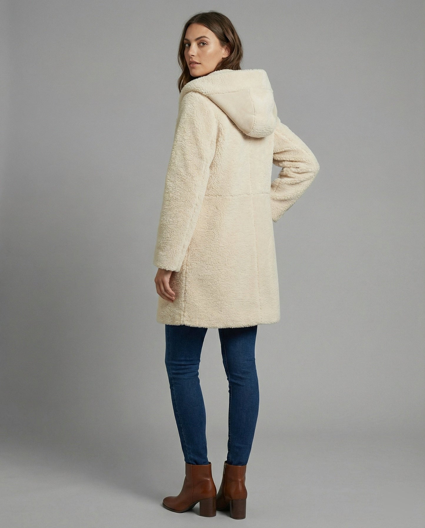 Teddy Mantel Oversized Kapuze Knopfverschluss Mittellang