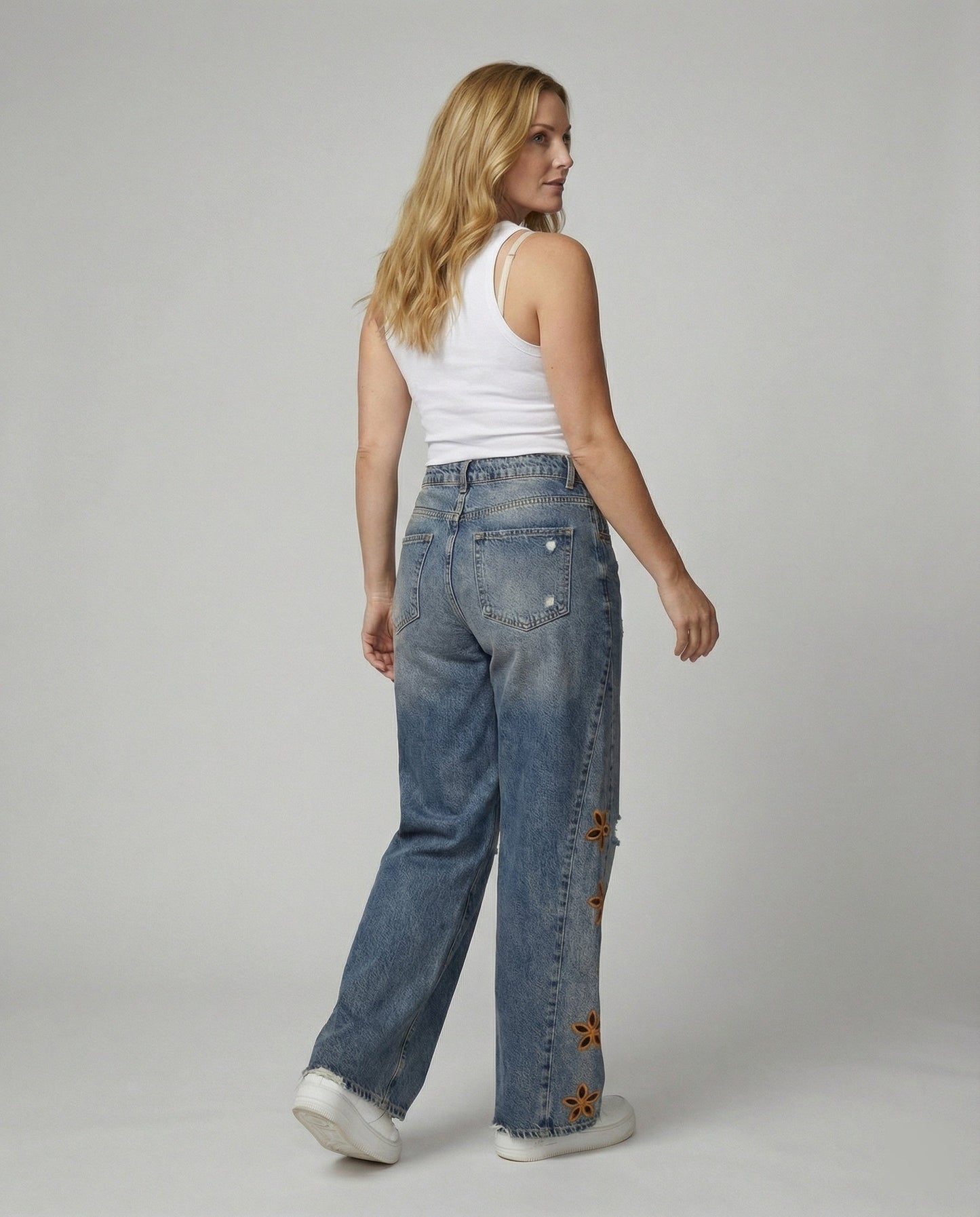 Weite Damen Jeans Blumenmuster Bunt