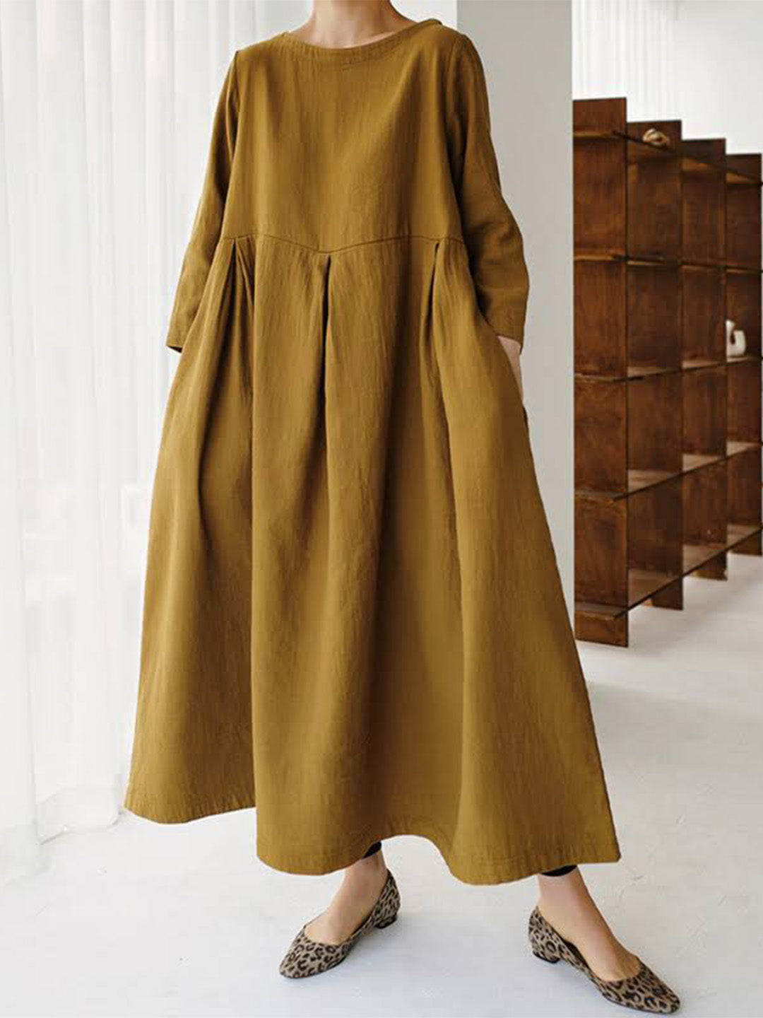 Leinenkleid Damen Sommer Lockeres mit Taschen