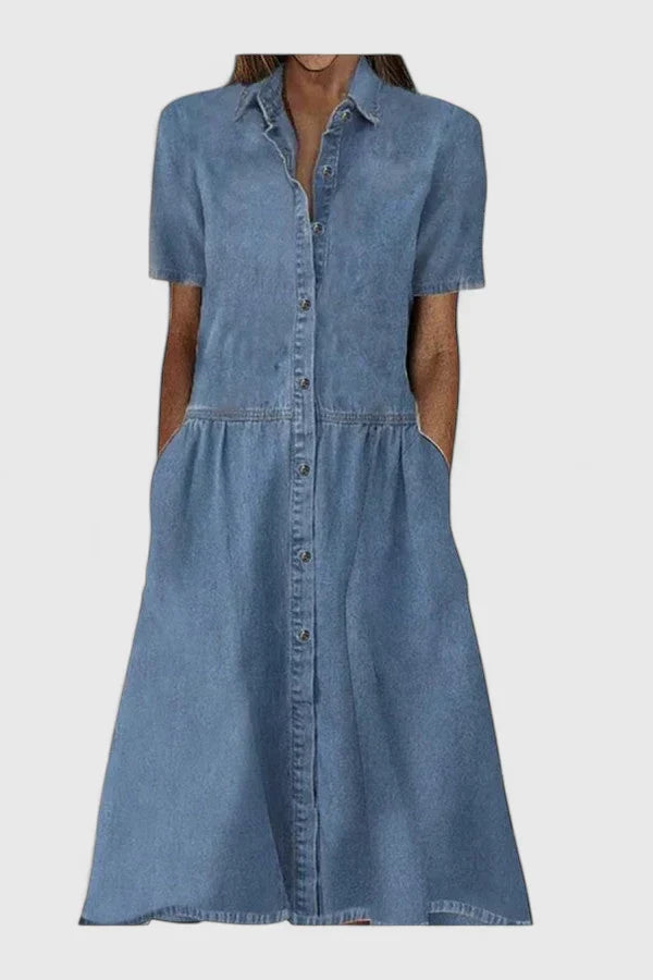 Damen Midikleid mit Knöpfen und Kurzärmlen Sommerskleid - BerlinGlamour