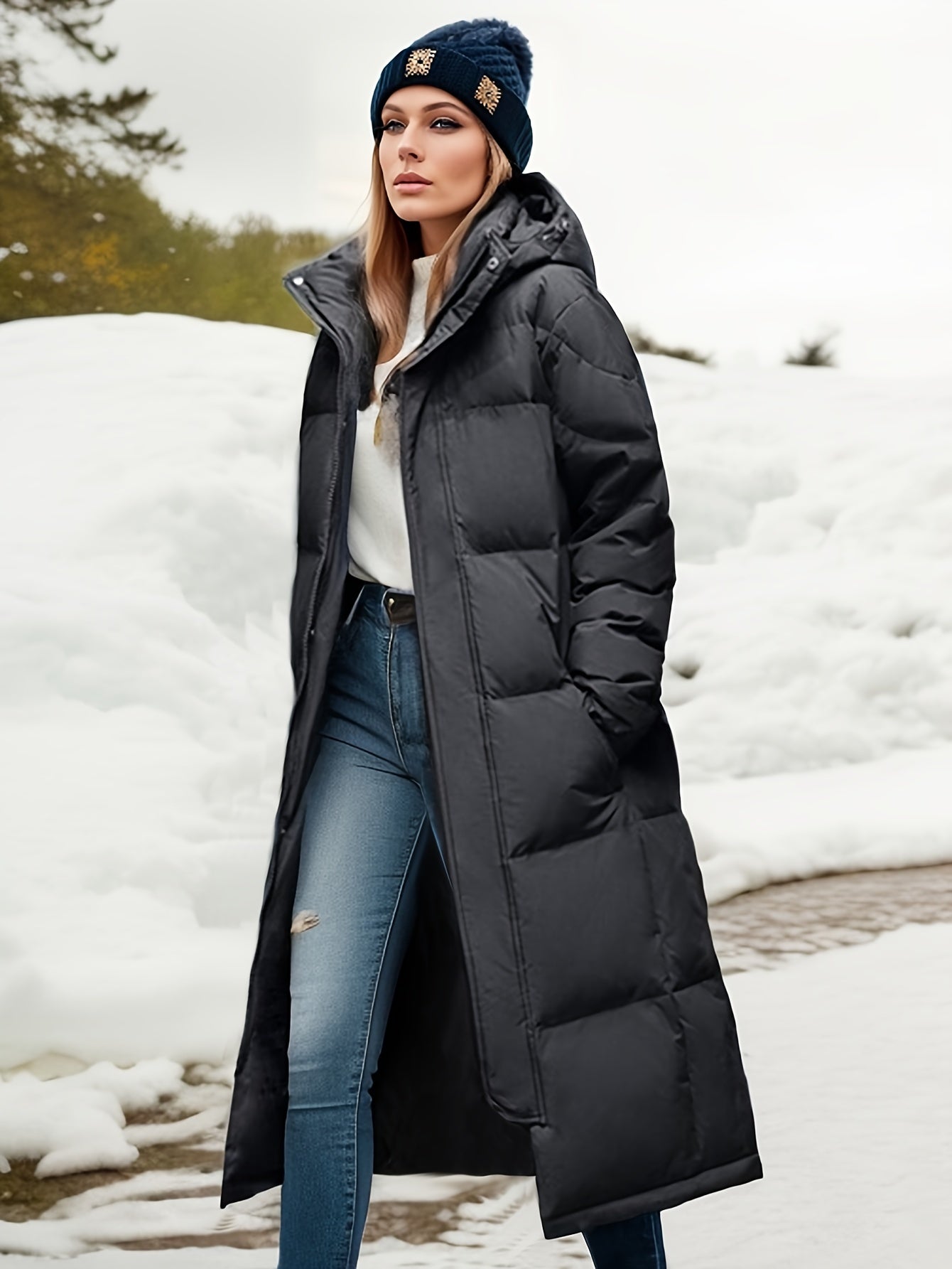 Wintermantel Damen Lang Pufferjacke mit Kapuze Warm