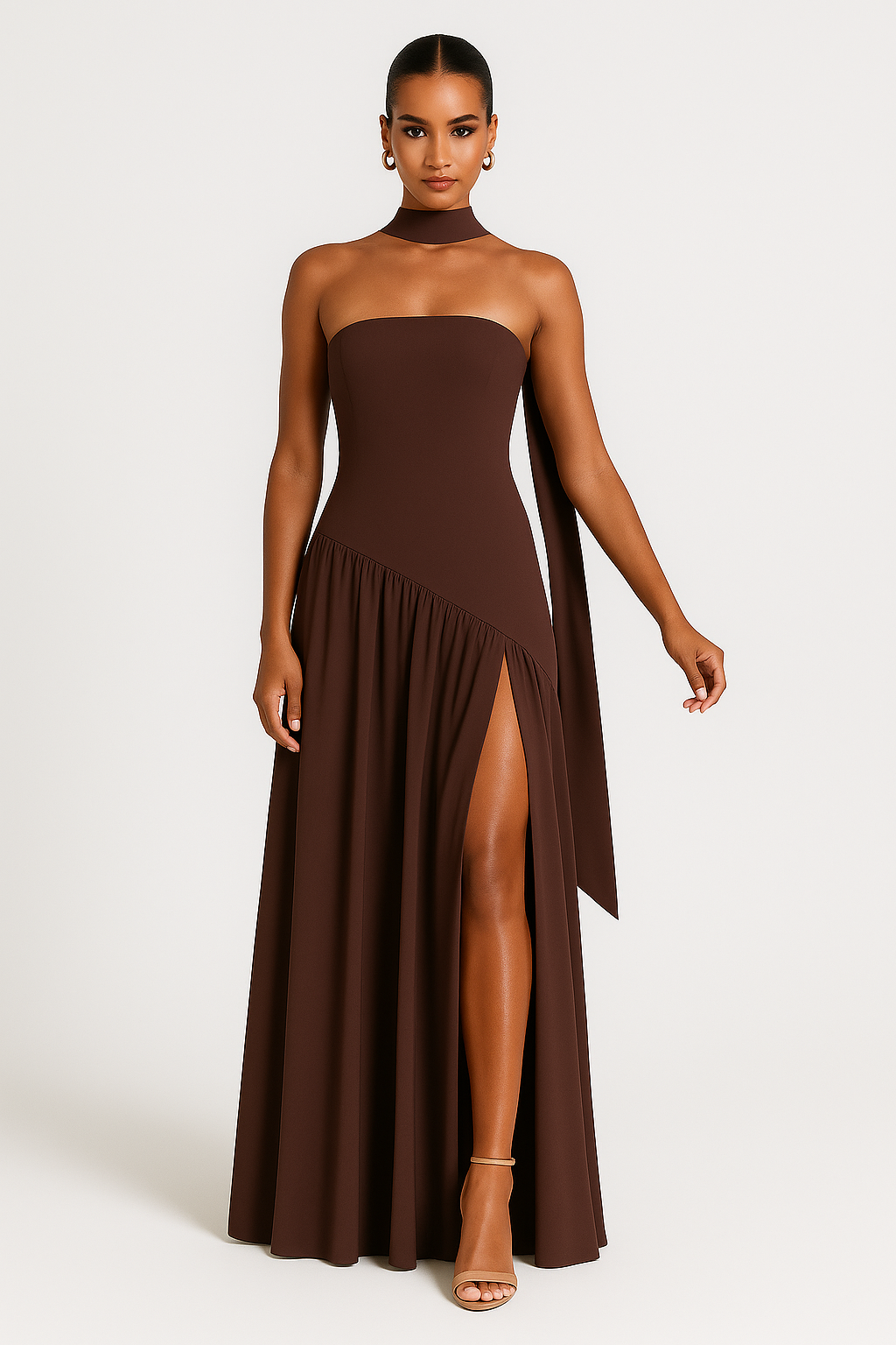 Damen Maxi Kleid Trägerlos Schlitz Chic Lang