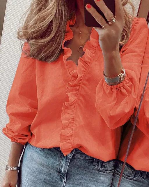 Damen Bluse Rüschen V-Ausschnitt Elegante Bluse