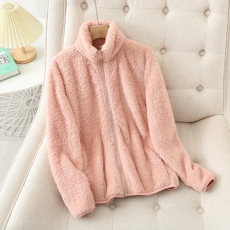 Damen Teddyjacke Weich Reißverschluss Hocher Kragen