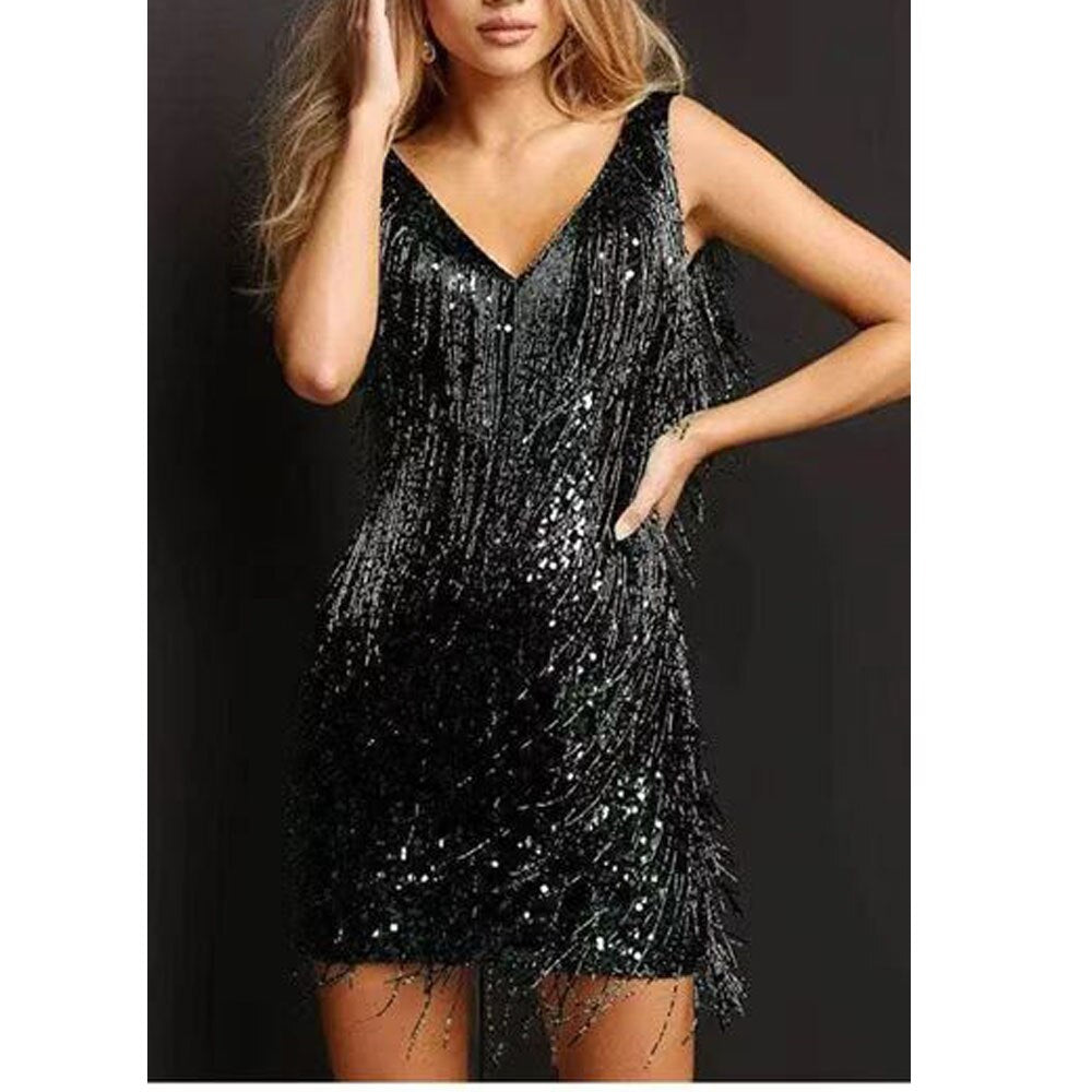 Elegantes Abendkleid mit Fransen Glänzend Party