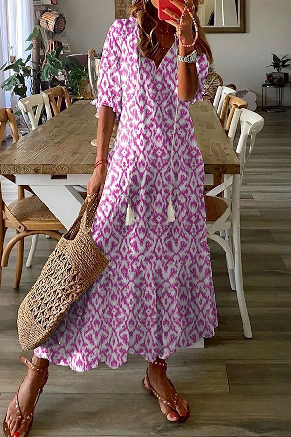 Moderne Maxi-Kleid Geometrischer Druck V-Ausschnitt Elegant
