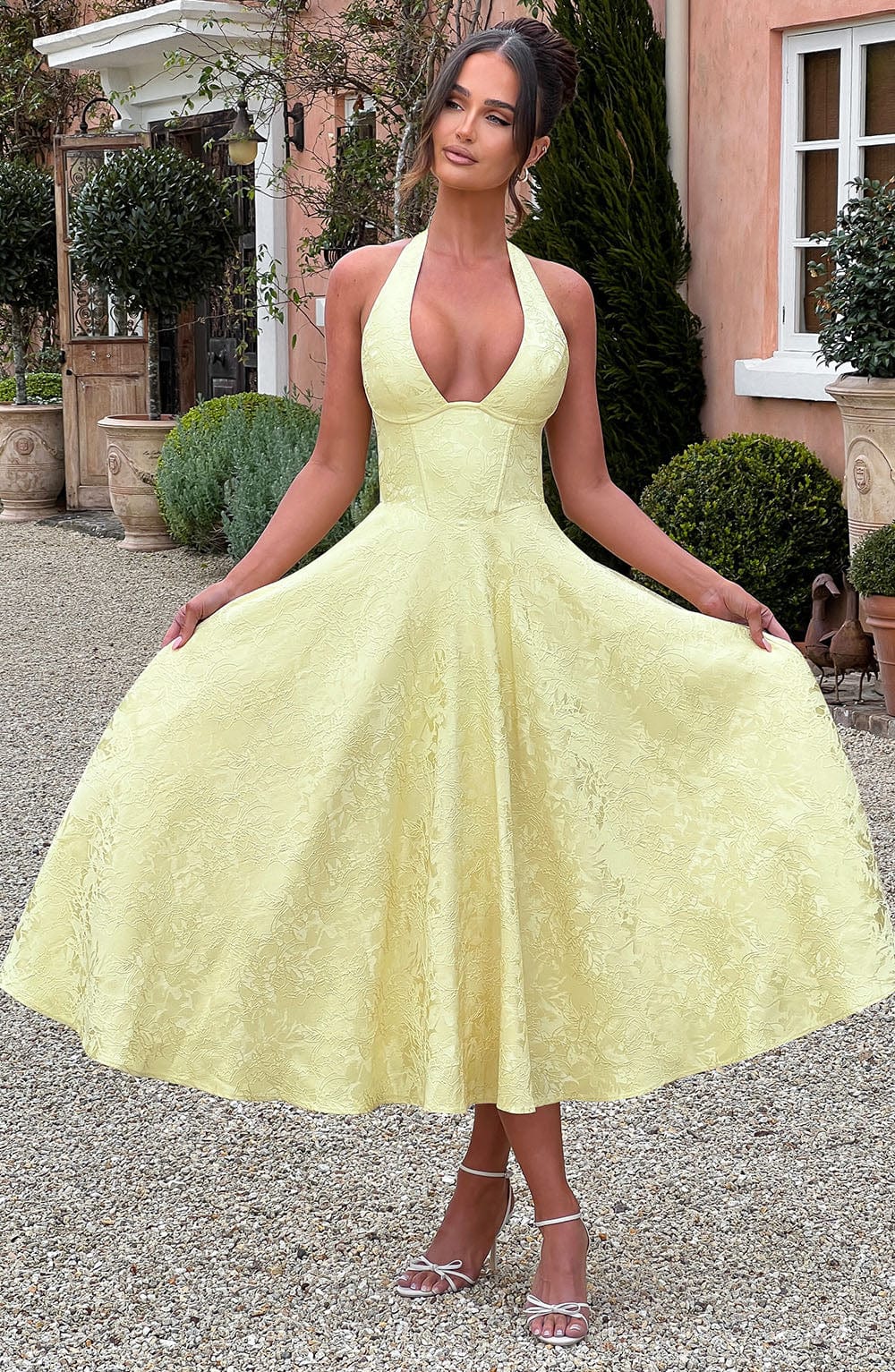 Damen Kleid Midi Halterneck Hochzeitsgast Kleid Elegant
