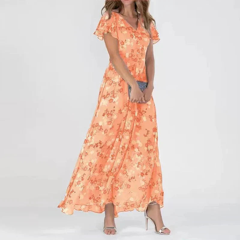 Rosa Maxikleid mit Blumenmuster V-Ausschnitt Chiffon