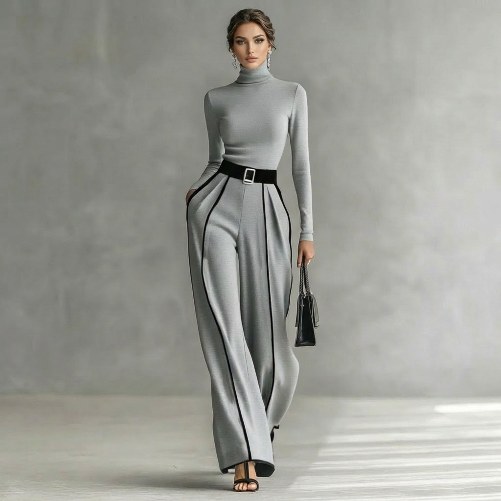 Damen Set Zweiteilig Rollkragen Top und Weite Hose mit Gürtel