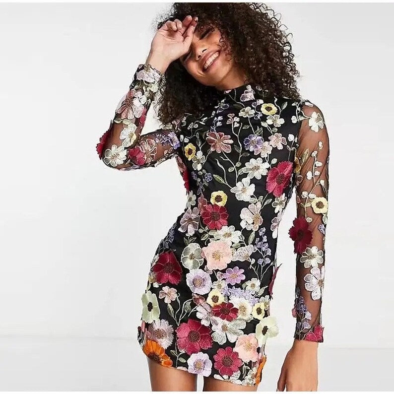 Kleid Minikleid Floral Durchscheinend Damen Partykleid