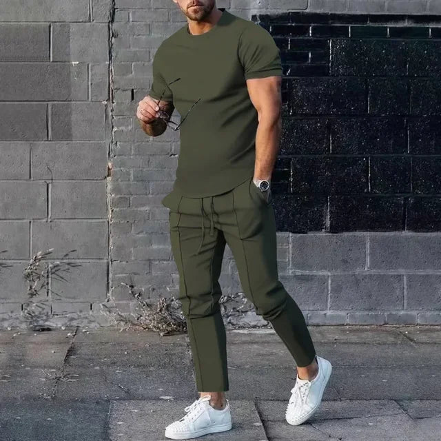 Herren Freizeit Set Slim Fit Zweiteiler T-Shirt Hose Modern