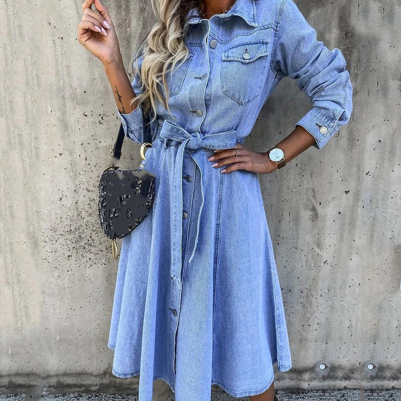 Damen Cardigan Kleid Denim Blau Mit Knöpfen